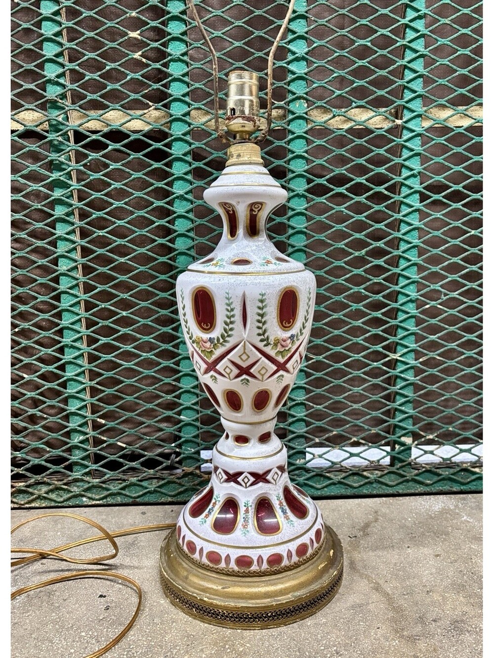 Vtg Bohemian Art Glass Table Lamp, White Cut To Cranberry, Hand Painted